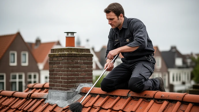 Schoorsteenveger bepaalt de kosten van een veegbeurt bij een klant thuis